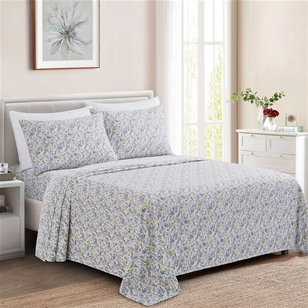 Marina Decoration 6-Piece Bamboo/Polyester Blend King Bed Sheet Set - Teal-Yellow Floral Pattern