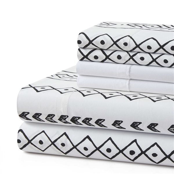 Marina Decoration 6-Piece Bamboo/Polyester Full Bed Sheet Set - White/Black Geometric and Arrow Pattern