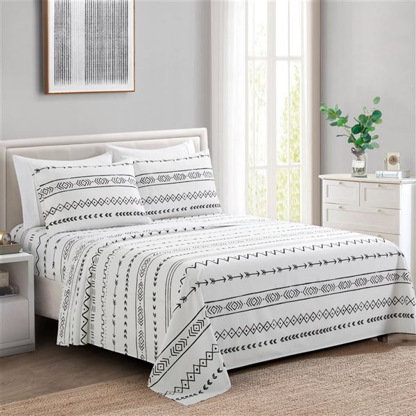 Marina Decoration 6-Piece Bamboo/Polyester Full Bed Sheet Set - White/Black Geometric and Arrow Pattern
