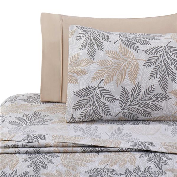 Marina Decoration 3-Piece White and Grey Full Leaf Print Rayon Duvet Cover Set w/ Hidden Zipper