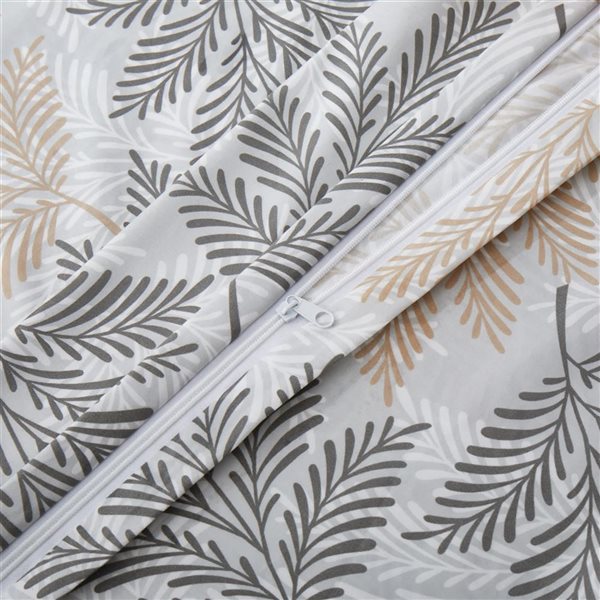 Marina Decoration 3-Piece White and Grey Full Leaf Print Rayon Duvet Cover Set w/ Hidden Zipper