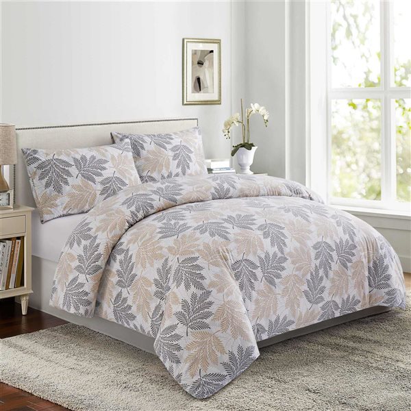 Marina Decoration 3-Piece White and Grey Full Leaf Print Rayon Duvet Cover Set w/ Hidden Zipper