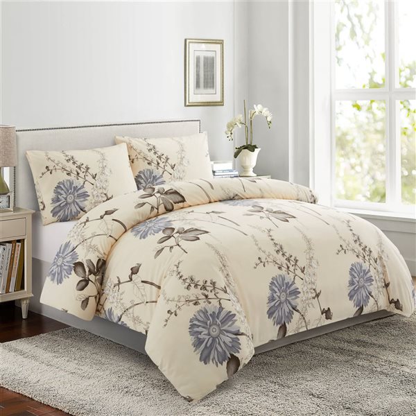 Marina Decoration 4-Piece Cream White and Blue King Printed Bamboo Bedding Set