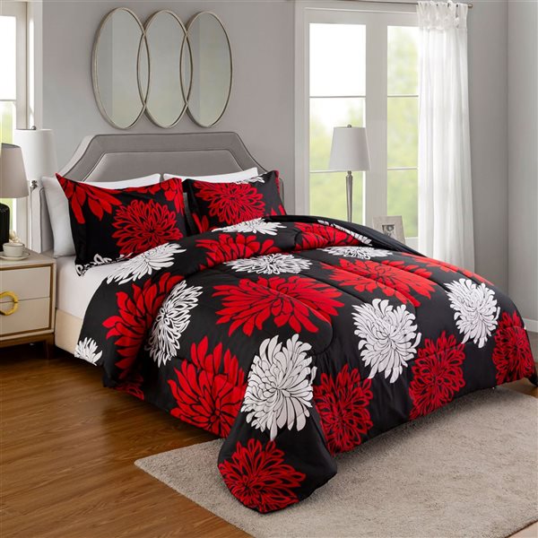Marina Decoration 3-Piece Modern Red and White Floral King Bed Soft Comforter Set