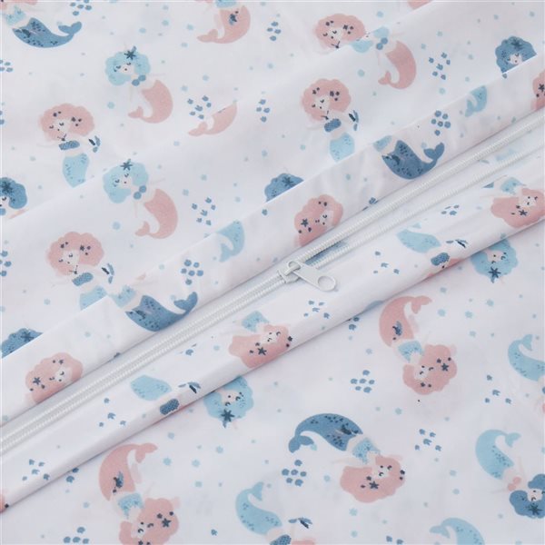 Marina Decoration 4-Piece White and Pink Queen Kids Mermaid Print Cotton Blend Bedding Set