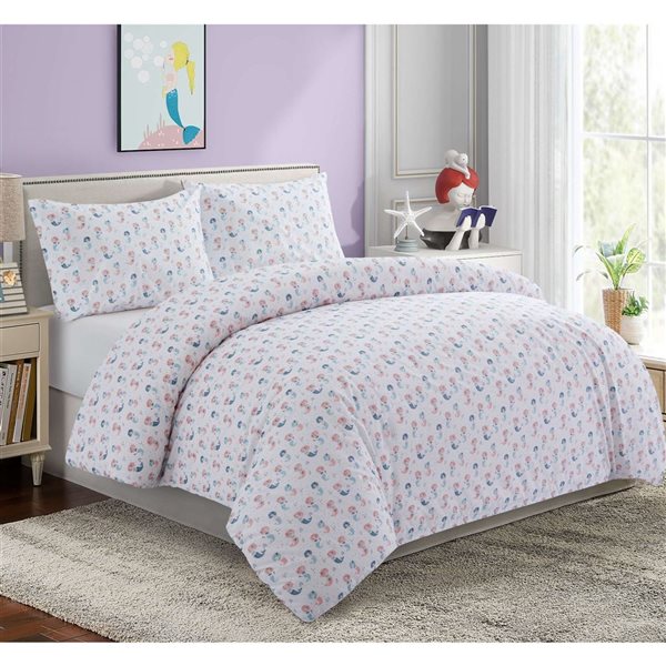 Marina Decoration 4-Piece White and Pink Queen Kids Mermaid Print Cotton Blend Bedding Set