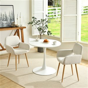 Ensemble salle à manger moderne 3 pcs Homy Casa avec chaises à accoudoirs tissu beige et table blanche à pied central