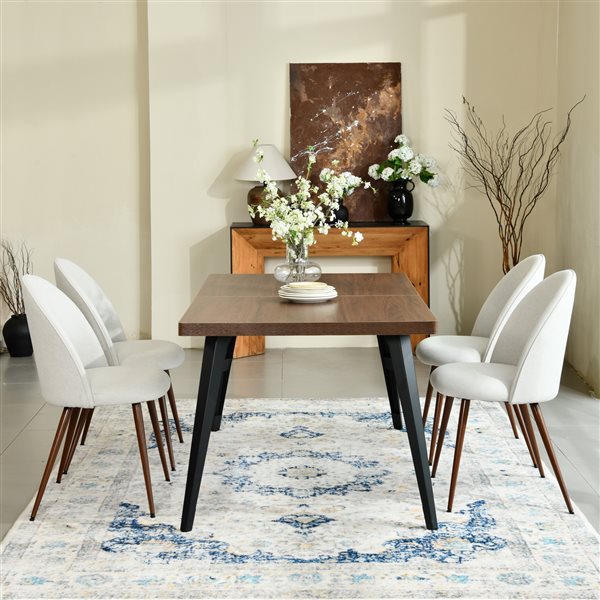 Homy Casa Modern 5-Pc Dining Set with Walnut Table and Beige Fabric Upholstered Chairs