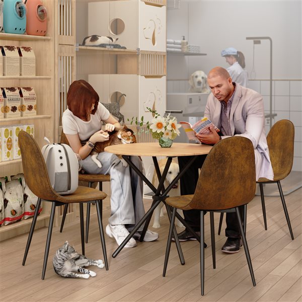 Homy Casa Modern 5-Pc Dining Set with Brown Faux Suede Chairs and Oak MDF Round Table