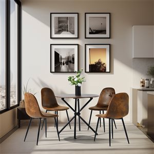 Ensemble salle à manger moderne 5 pcs Homy Casa avec chaises suédine brune et table ronde MDF espresso