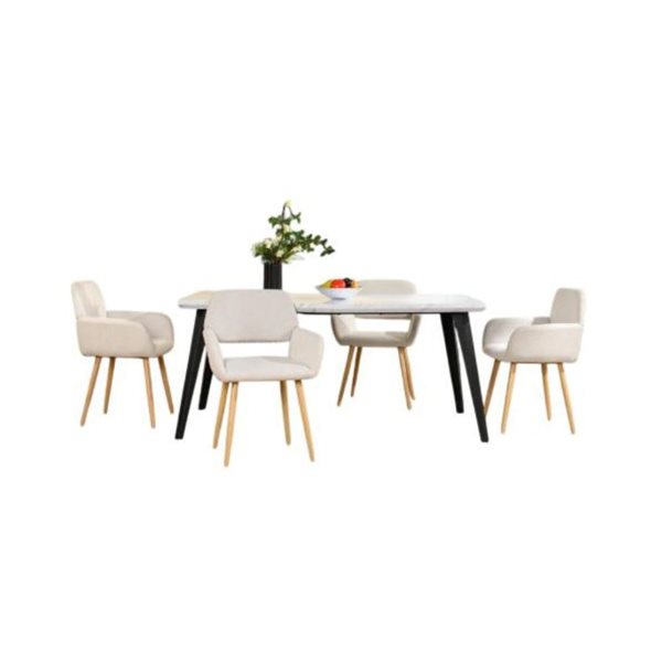 Homy Casa Modern 5-Pc Dining Set with White Table and Beige Fabric Armrest Chairs