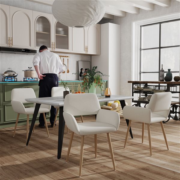 Homy Casa Modern 5-Pc Dining Set with White Table and Beige Fabric Armrest Chairs
