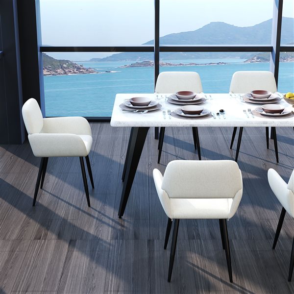 Homy Casa Modern 5-Pc Dining Set with White Table and Beige Fabric Armrest Chairs