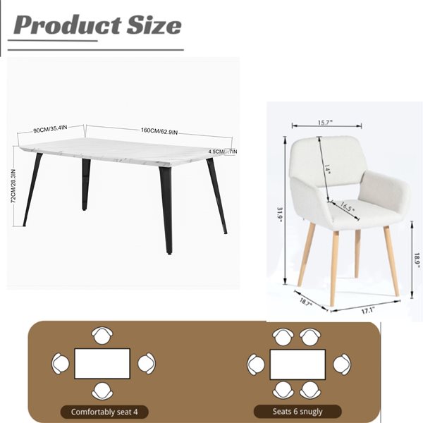 Homy Casa Modern 5-Pc Dining Set with White Table and Beige Fabric Armrest Chairs