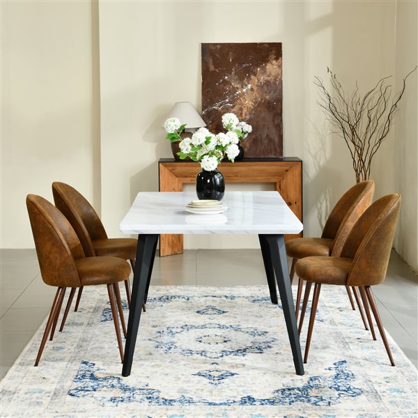 Homy Casa Modern 5-Pc Dining Set with White Table and Brown Faux Suede Upholstered Chairs