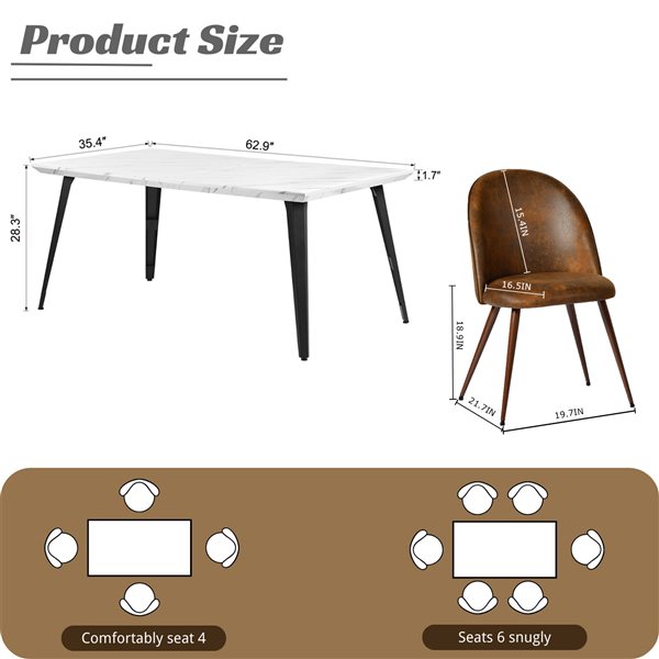 Homy Casa Modern 5-Pc Dining Set with White Table and Brown Faux Suede Upholstered Chairs