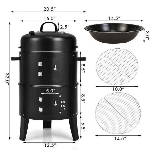 Costway 3-in-1 Portable Round Charcoal Smoker with Built-in Thermometer