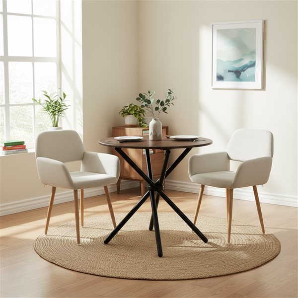 Homy Casa 3 Pcs Round Dining Table Set w/ Upholstered Armchairs - Beige