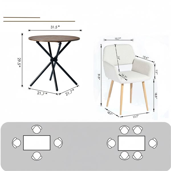 Homy Casa 3 Pcs Round Dining Table Set w/ Upholstered Armchairs - Beige