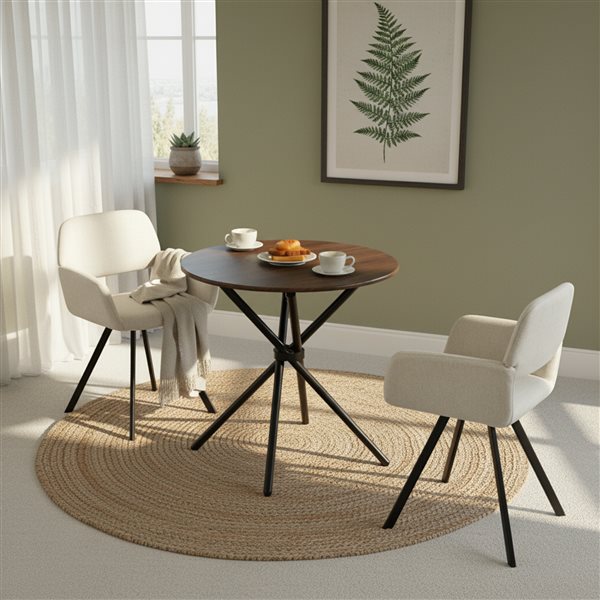 Ensemble Salle à Manger 4 Personnes – Table Ronde + Chaises Rembourrées – Design Moderne, MDF Et Acier, Gris Et Marron