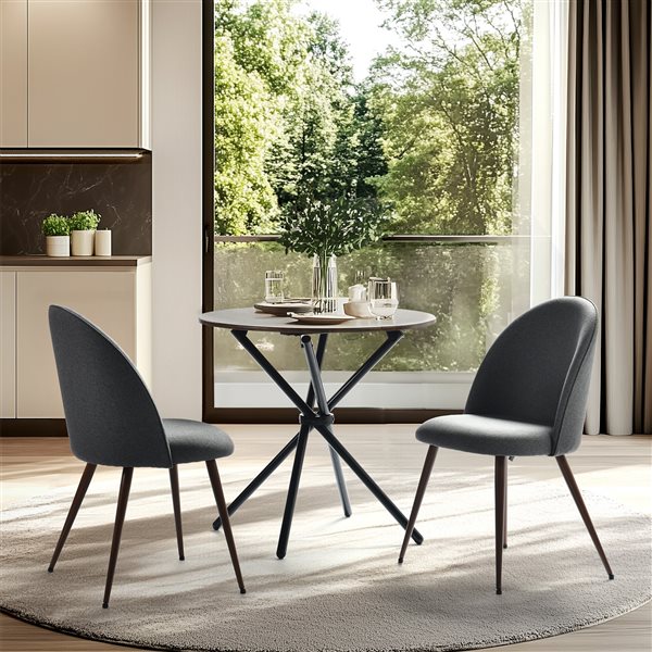 Homy Casa 3 Pcs Round Dining Table Set w/ Fabric Chairs - Dark Grey