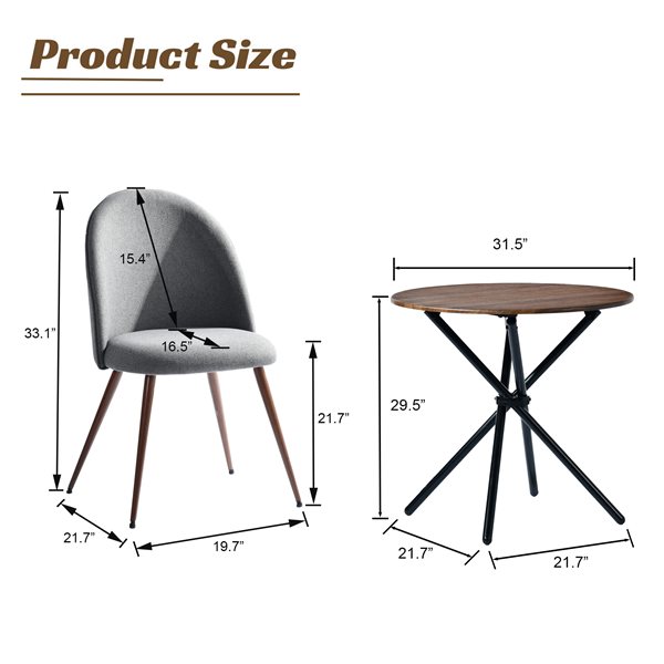 Homy Casa 3 Pcs Round Dining Table Set w/ Fabric Chairs - Dark Grey