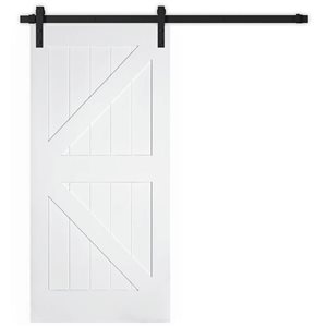 Porte de grange coulissante Garson en MDF blanc apprêté de style K 36 x 84x 1 3/8 po avec kit de quincaillerie