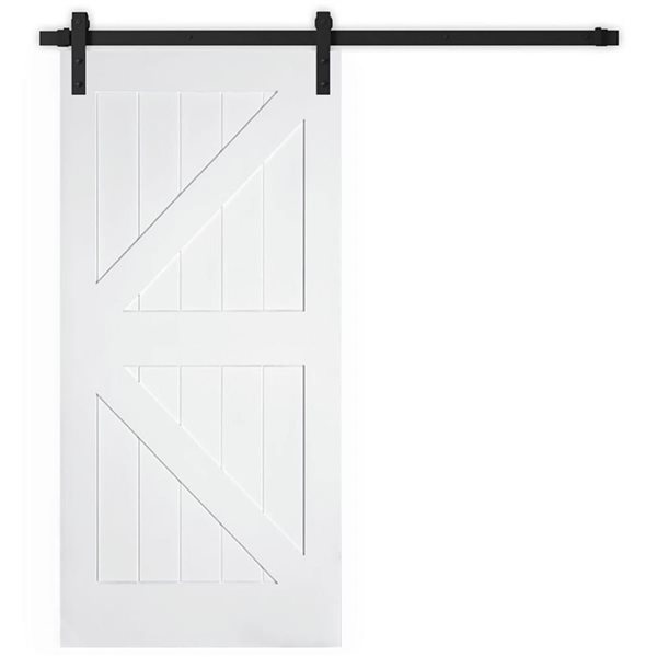 Porte de grange coulissante Garson en MDF blanc apprêté de style K 36 x 84 x 1 3/8 po
