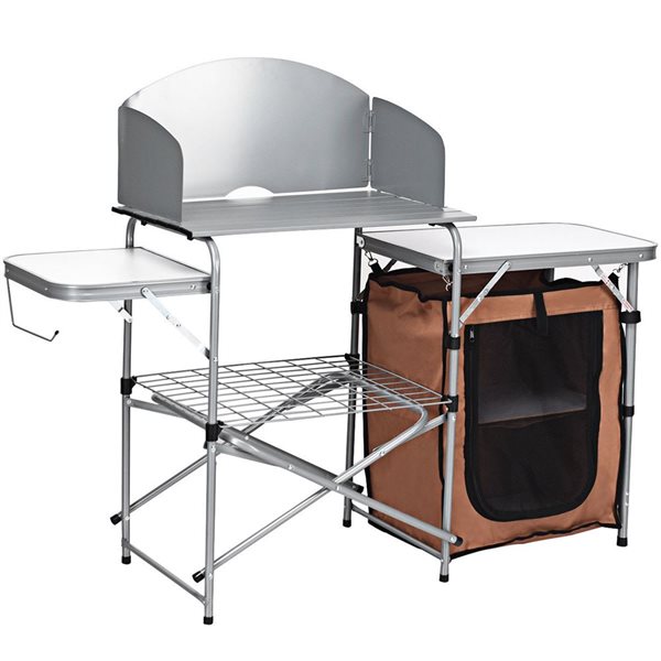Costway Foldable Camping BBQ Grilling Stand w/ Windscreen and Pantry + Carry Bag - Silver