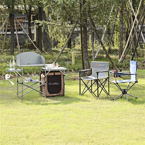 Costway Foldable Camping BBQ Grilling Stand w/ Windscreen and Pantry + Carry Bag - Silver