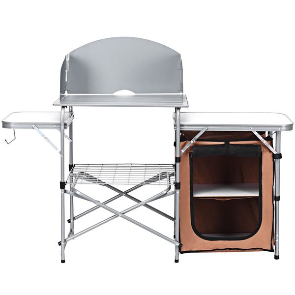 Costway Foldable Camping BBQ Grilling Stand w/ Windscreen and Pantry + Carry Bag - Silver
