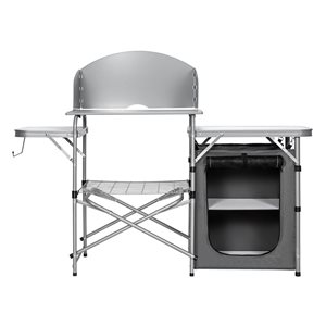Costway Foldable Camping BBQ Grilling Stand w/ Windscreen and Pantry + Carry Bag - Grey