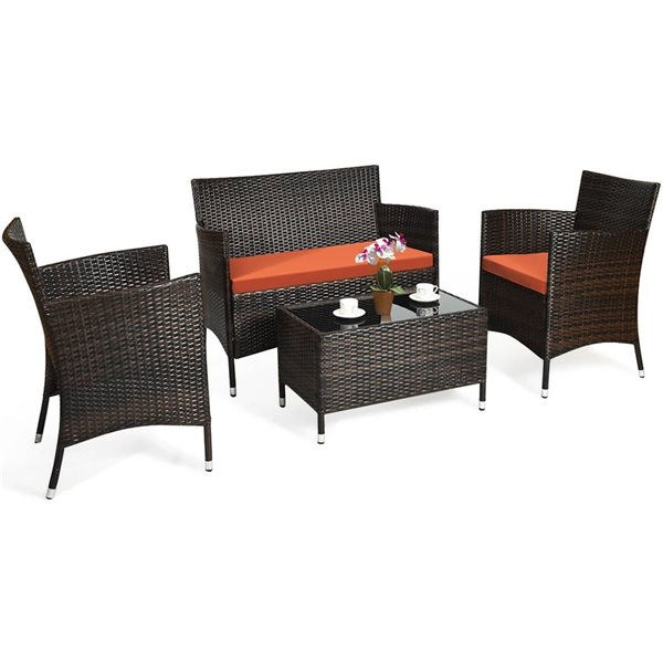 Costway 4 Pcs PE Rattan Patio Furniture Set w/ Coffee Table - Orange