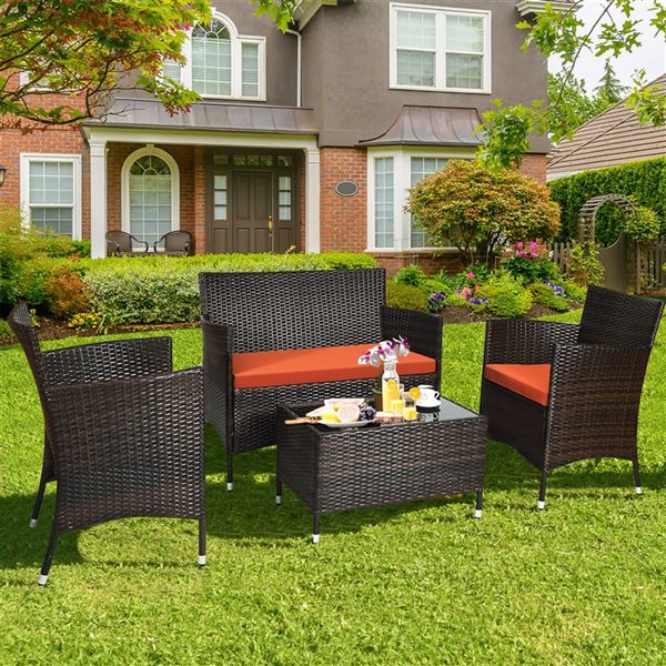 Costway 4 Pcs PE Rattan Patio Furniture Set w/ Coffee Table - Orange