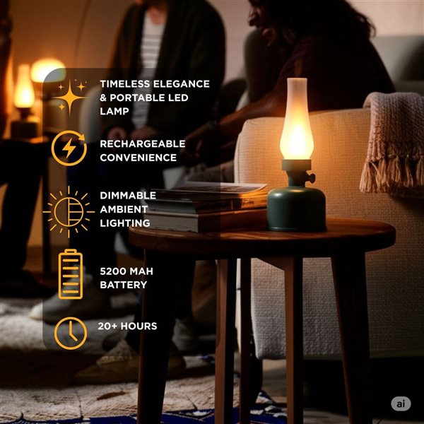 Abbott Lantern LED Rechargeable and Dimmable Table Lamp 10.5-in w/ Glass Shade - Green