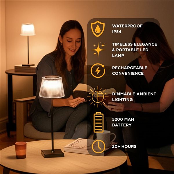 Abbott Outdoor LED Rechargeable Table Lamp 15-in w/ Fluted Shade - Frost