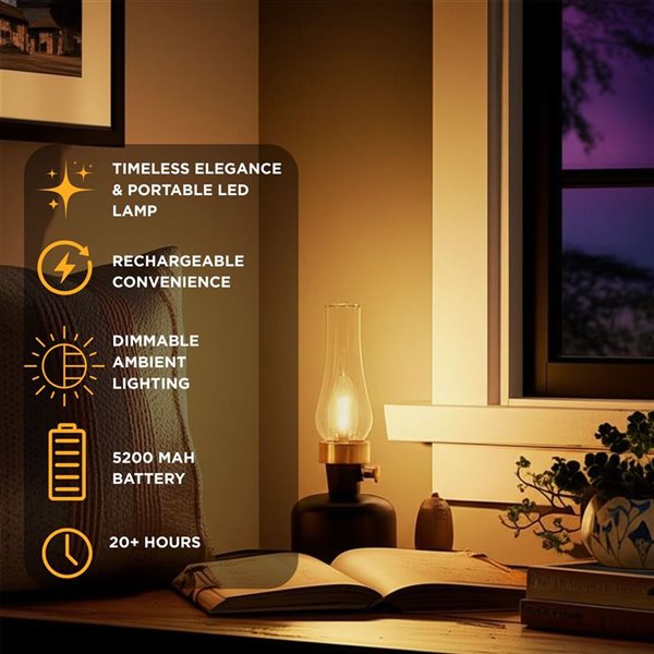 Abbott Lantern LED Rechargeable and Dimmable Table Lamp 10.5-in w/ Glass Shade - Black