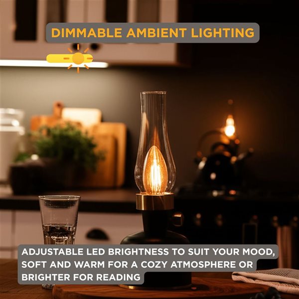 Abbott Lantern LED Rechargeable and Dimmable Table Lamp 10.5-in w/ Glass Shade - Black