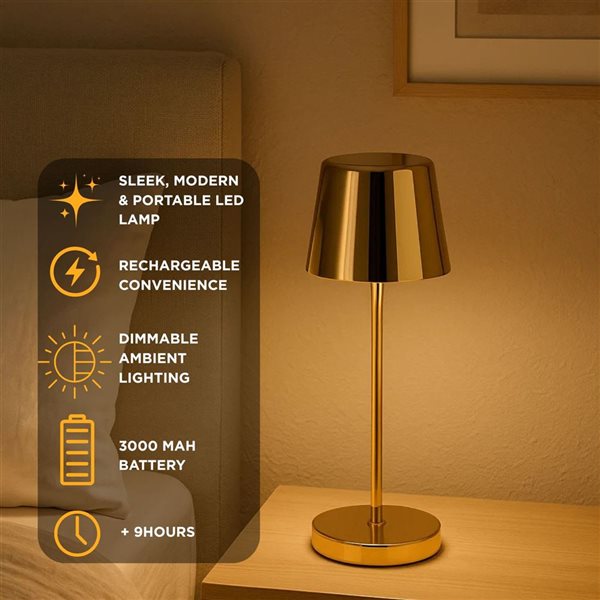 Abbott Crosby LED Rechargeable and Dimmage Table Lamp 8-in - Gold