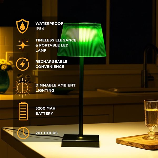 Abbott Outdoor LED Rechargeable Table Lamp 15-in w/ Fluted Shade - Green