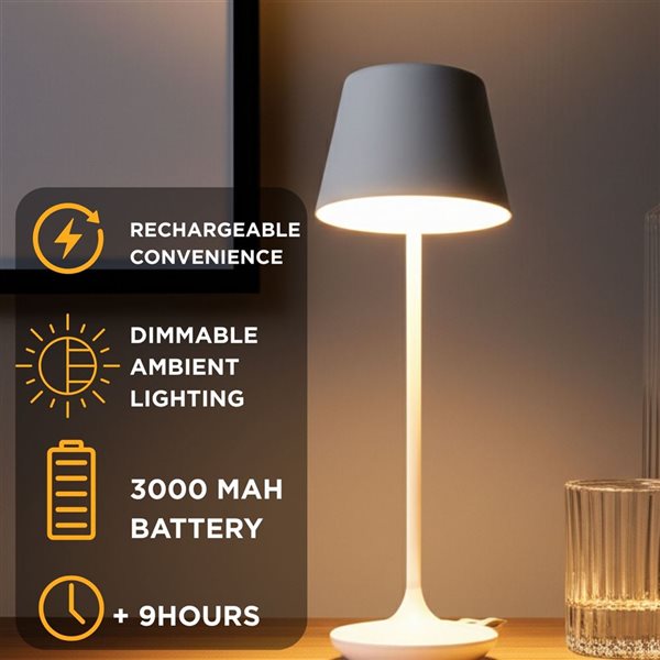 Abbott Bell-Shaped LED Rechargeable and Dimmable Table Lamp 9.5-in w/ Charging Base - White