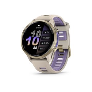 Garmin Forerunner 970 GPS Smartwatch - Soft Gold Titanium w/ French Grey Case and French Gray/Indigo Band