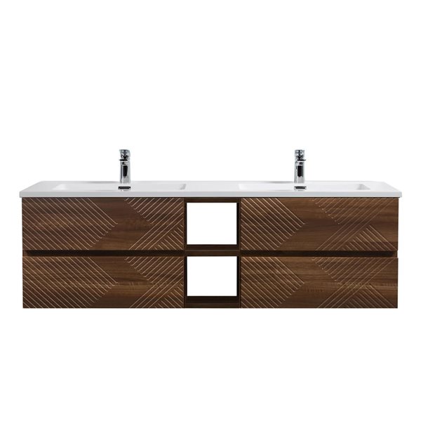 GEF Rowan 72-in Wall Mount Double Sink Vanity w/ White Polymarble Top - Walnut