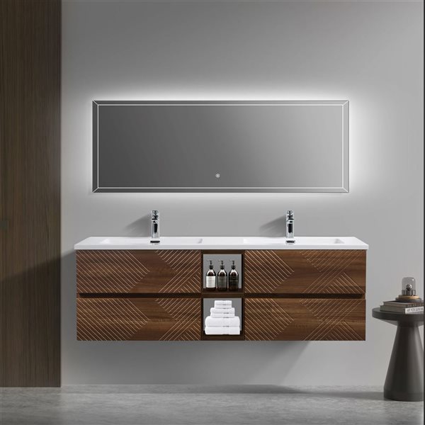GEF Rowan 72-in Wall Mount Double Sink Vanity w/ White Polymarble Top - Walnut