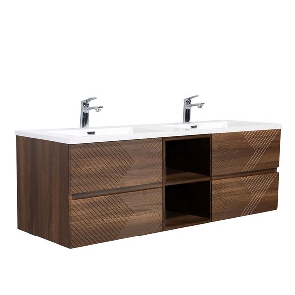 GEF Rowan 72-in Wall Mount Double Sink Vanity w/ White Polymarble Top - Walnut