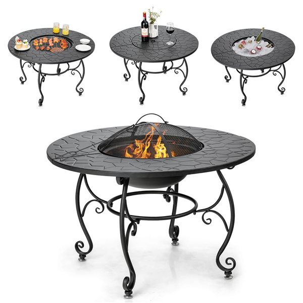 Costway 35.5-in Round Patio  Charcoal Wood Burning Fire Pit Dining Table w/ Cooking BBQ Grate