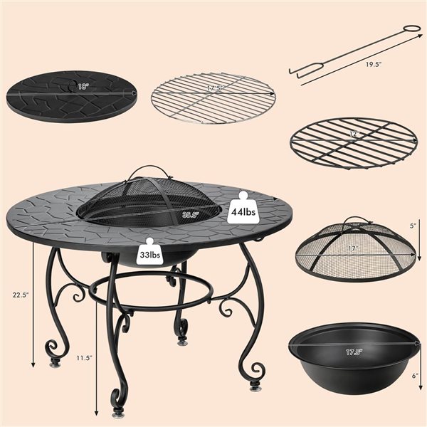 Costway 35.5-in Round Patio  Charcoal Wood Burning Fire Pit Dining Table w/ Cooking BBQ Grate