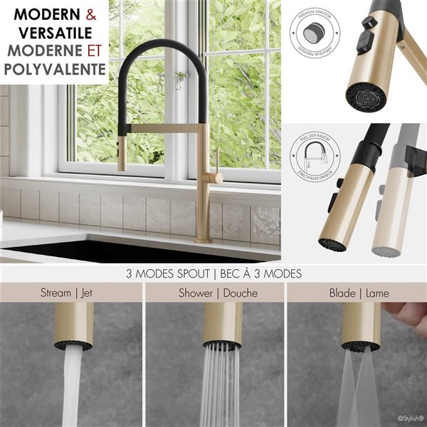 Stylish Brushed Gold with Black Single Handle Pull Out Touch Kitchen Faucet w/ Three Modes