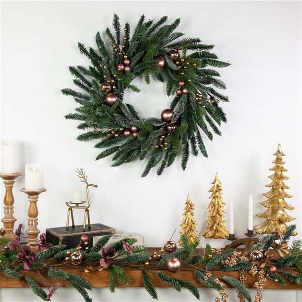 Northlight 28-in dia Unlit Indoor Green with Rose Gold Ball Ornaments Artificial Christmas Wreath