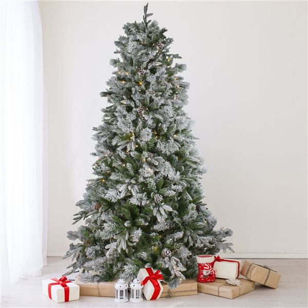 Northlight Real Touch 9-ft H Rosemary Pine Pre-Lit Clear LED Lights Full Flocked Artificial Christmas Tree w/ Tree Stand
